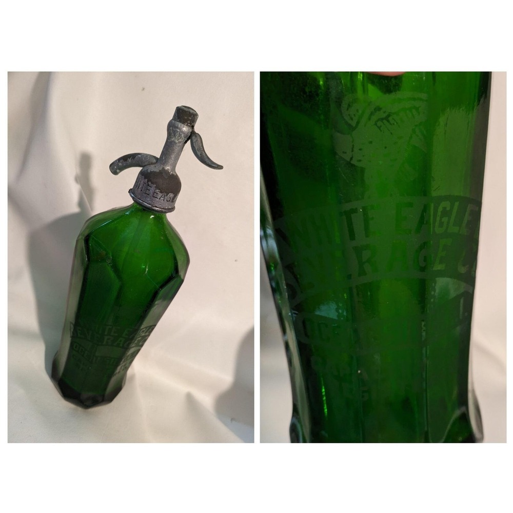 White Eagle Beverage Oceanside LI Green Glass Seltzer Mineral Water Bottle 26 oz